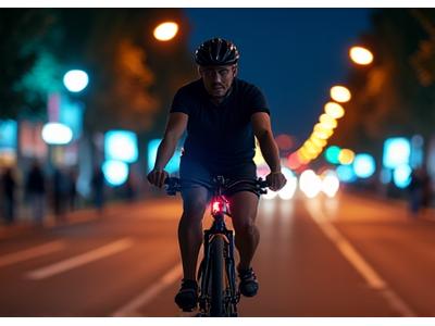 Cyclist riding at night through a well-lit city street with subtle bike lights.
