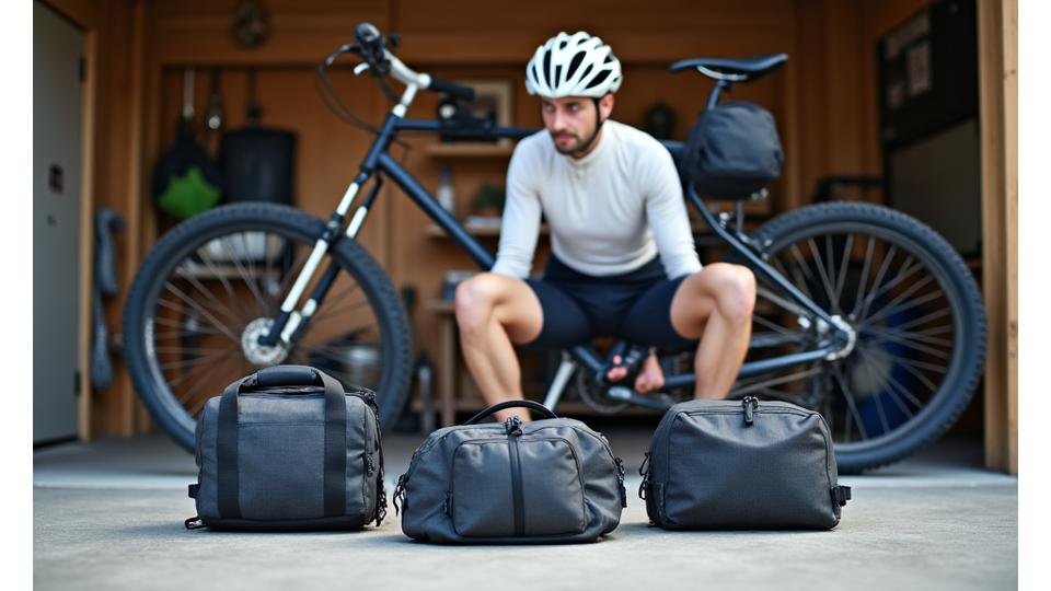 Cyclist packing a bike bag with gear, considering their ride type