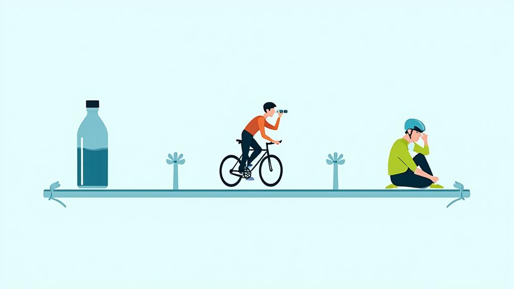 Infographic showing a timeline of hydration strategies: pre-ride, during-ride, post-ride with cyclist icons.
