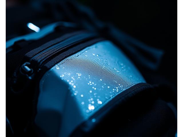 Close-up of highly reflective fabric on a bike bag glowing under light